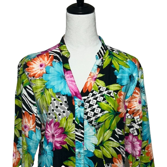 Alfred Dunner Top Womens 14 Blue Pink Colorful Hawaiian Floral Button Up Beachy - Picture 1 of 9